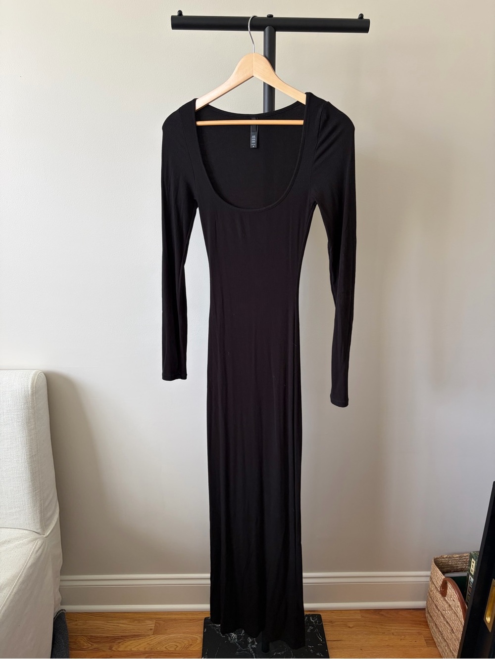 SKIMS Black Long Sleeve Scoop Neck Maxi Dress